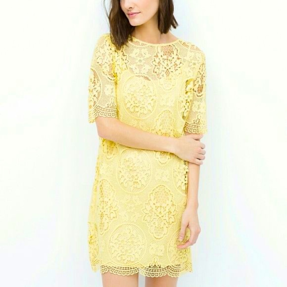 Zara Basic Lace Mini Dress, Yellow, Size Medium.